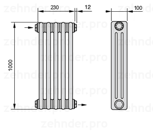 Схема (чертеж) Радиатор Zehnder Charleston 3100/5 №1670 Белый глянцевый RAL 9016